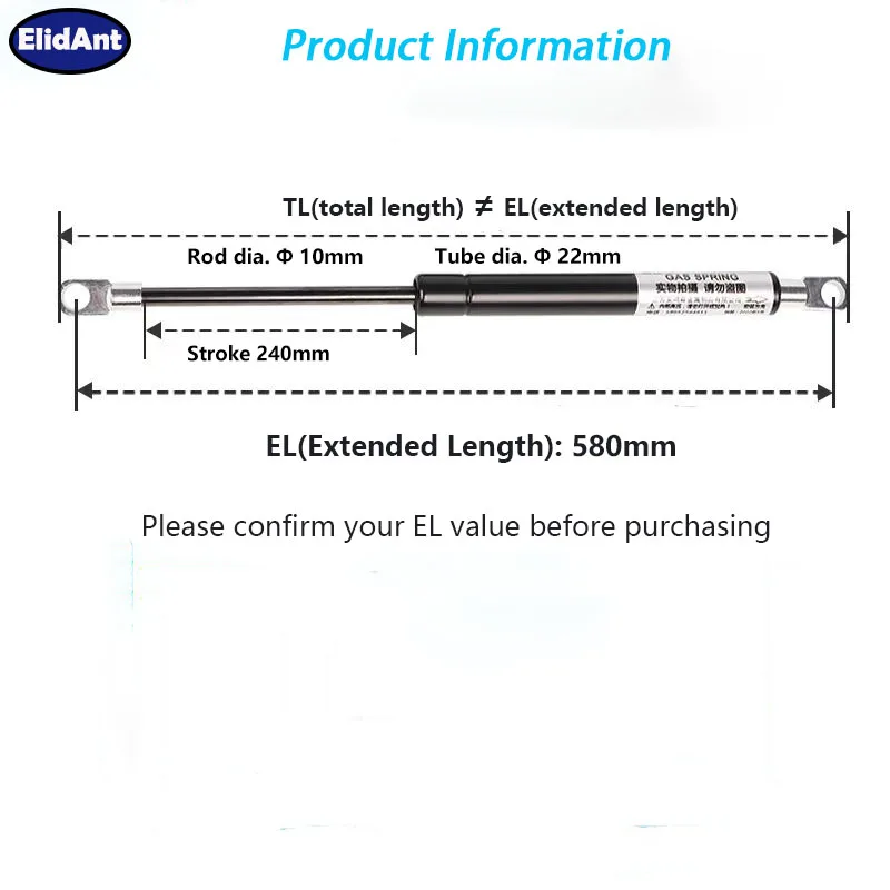 2PCS Double Bed Hydraulic EL 580mm Universal Lift Support Gas Strut for Skylight Venting Telescopic Lift Spring Shock Gas Spring