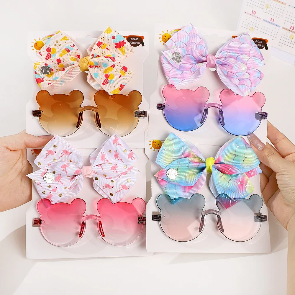 2Pcs/Set Lovely Bowknot Hairclip Glasses Set Cute Big Bow Hairgripes for Kids Fashion Hair Band Little Bear Glasses Gift