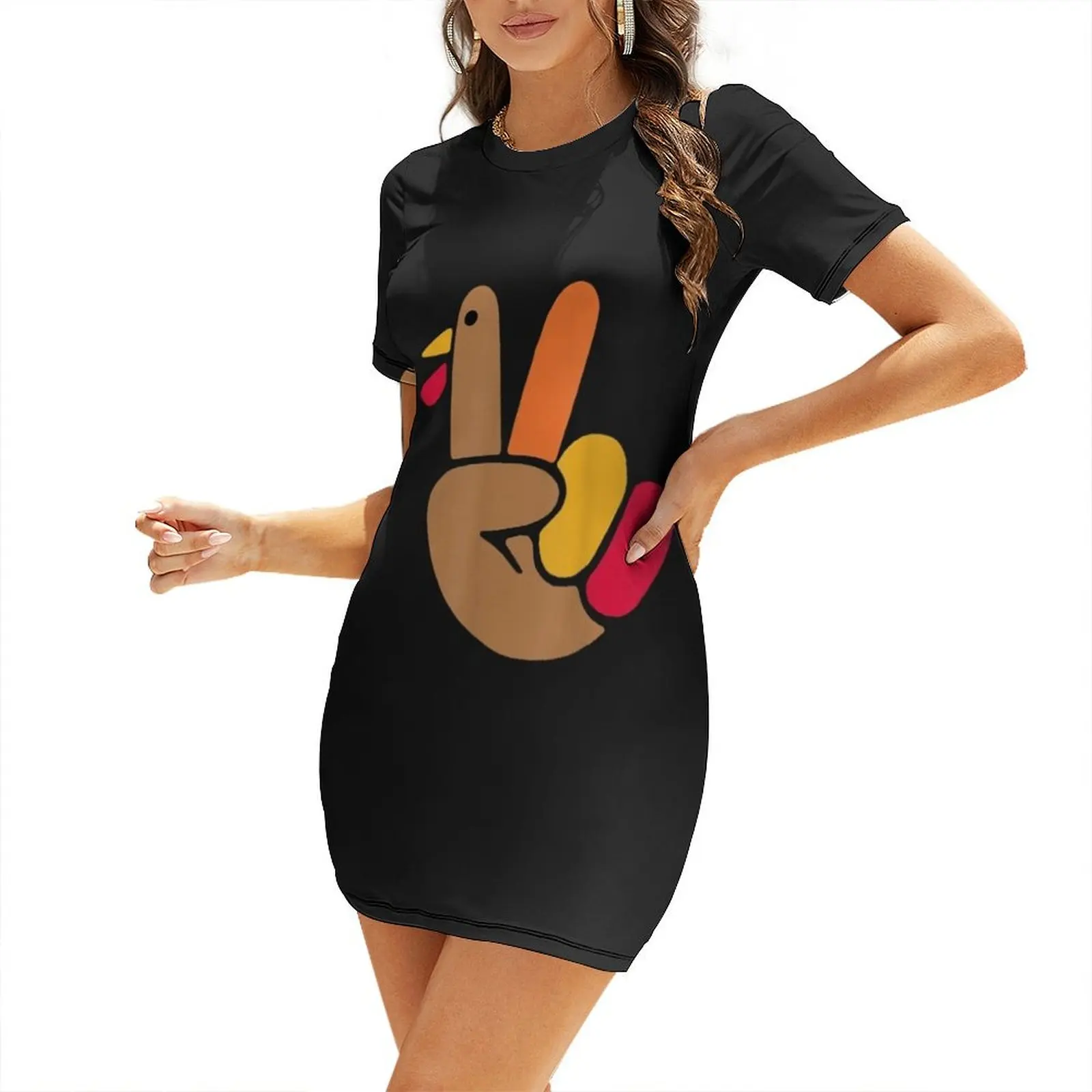 

Peace Hand Turkey Design For Ugly Thanksgiving Sweater Idea Short Sleeved Dress dresses women summer 2024 sexy dress