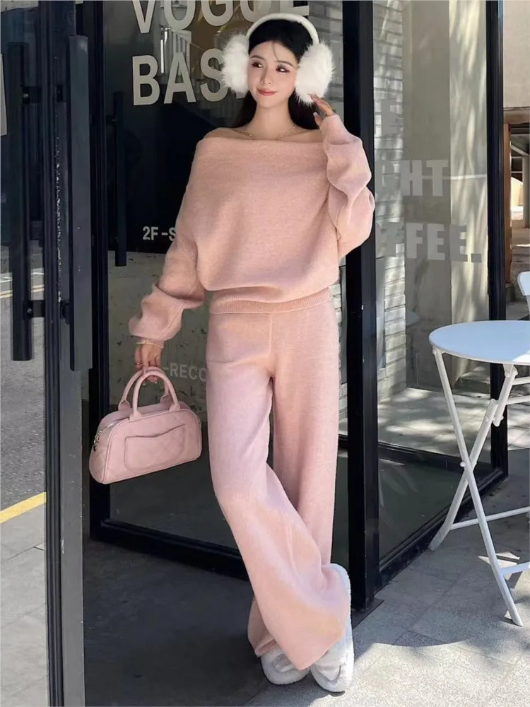 Slash Neck Sweater And Long Trouser Chic Winter Two Piece Set Loose Knit Tops Long Trouser Pink Sweet Two Piece Set 2024 New