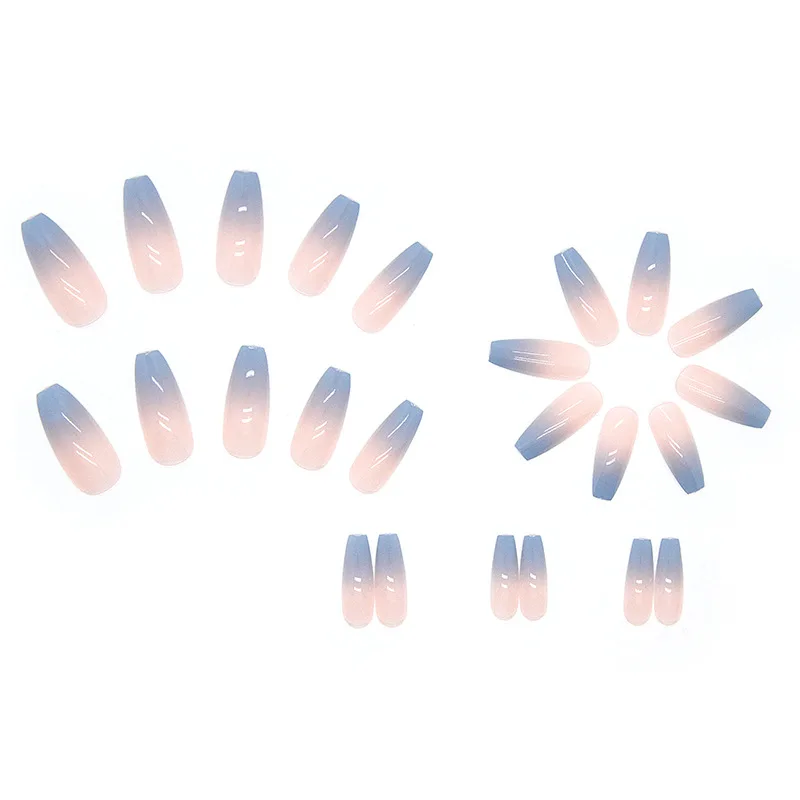 24 Stuks Blauw Nude Gradiënt Lange Balletkist Kunstnagels Pers Op Nagels Versierde Valse Nagels Meisje Stick-On Nagel Tips