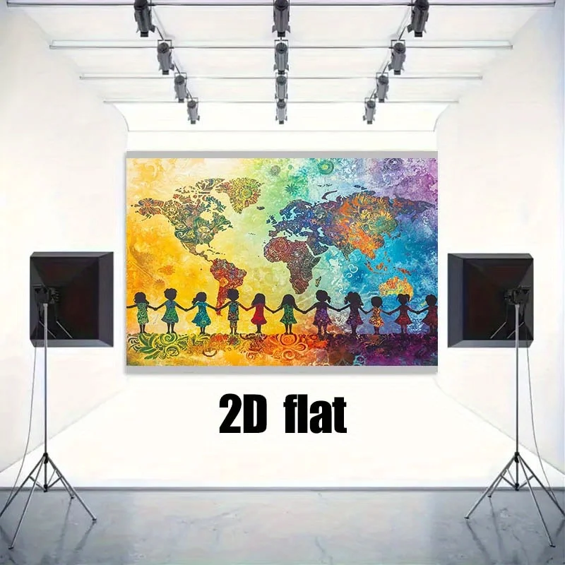 2D Flat,Colorful World Map Children Holding Hands Global Unity Tapestry Classroom Wall Art Peaceful Education Background Print