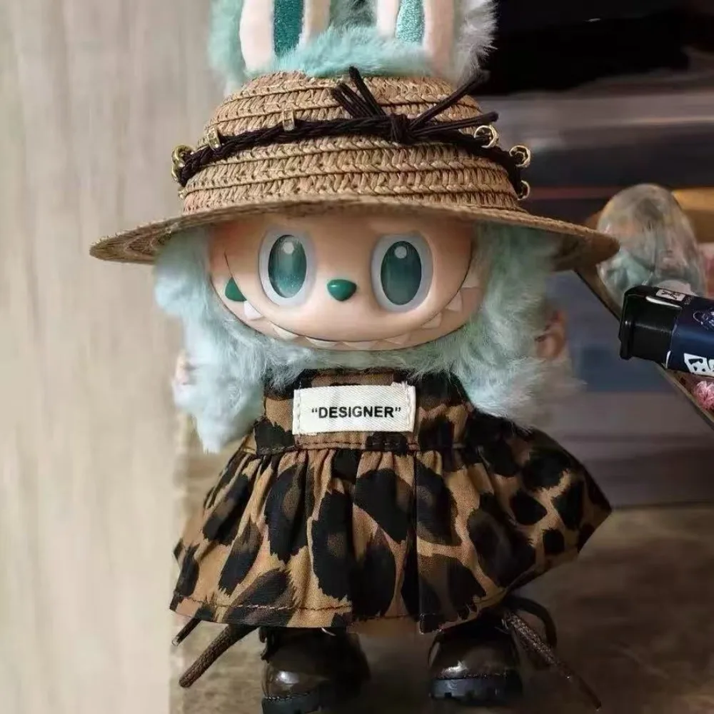 

For 17cm Labubu V2 V1 Mini Doll Clothing Wrinkled Dress Knitted Straw Hat Vacation Style Labubu Clothes Ropa Labubu