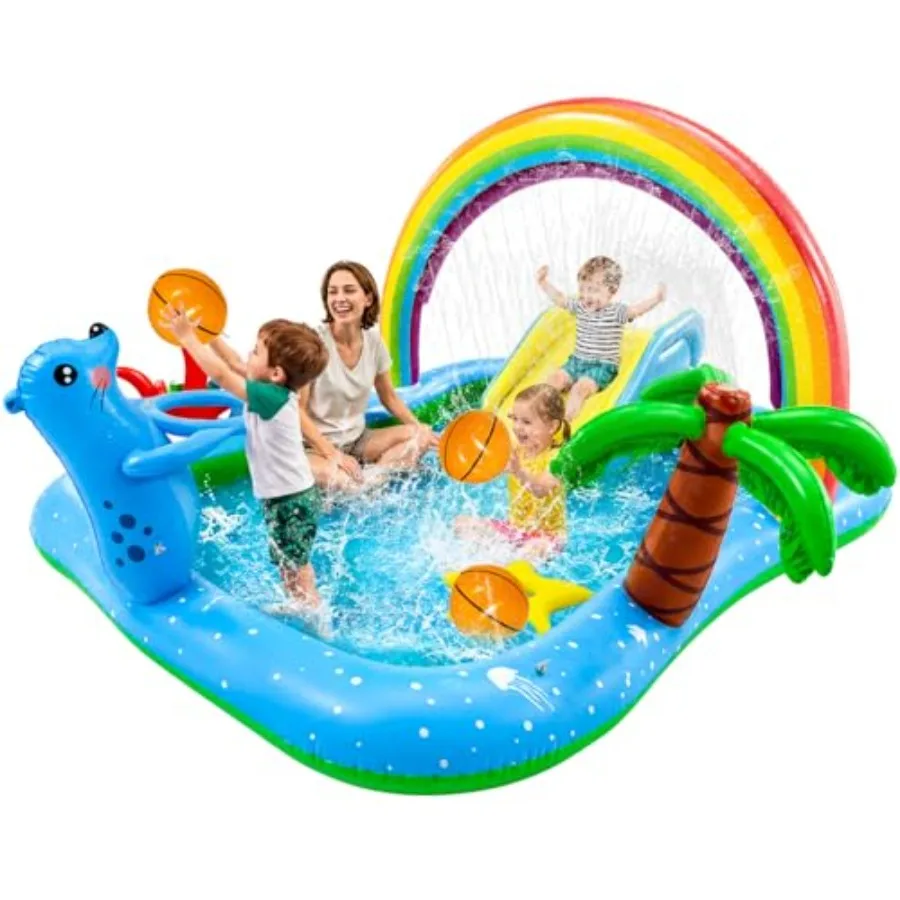 

Backyard inflatable play center pool with water slide, PVC rainbow-colored sprinkler arch seal design for kids' summer splash f