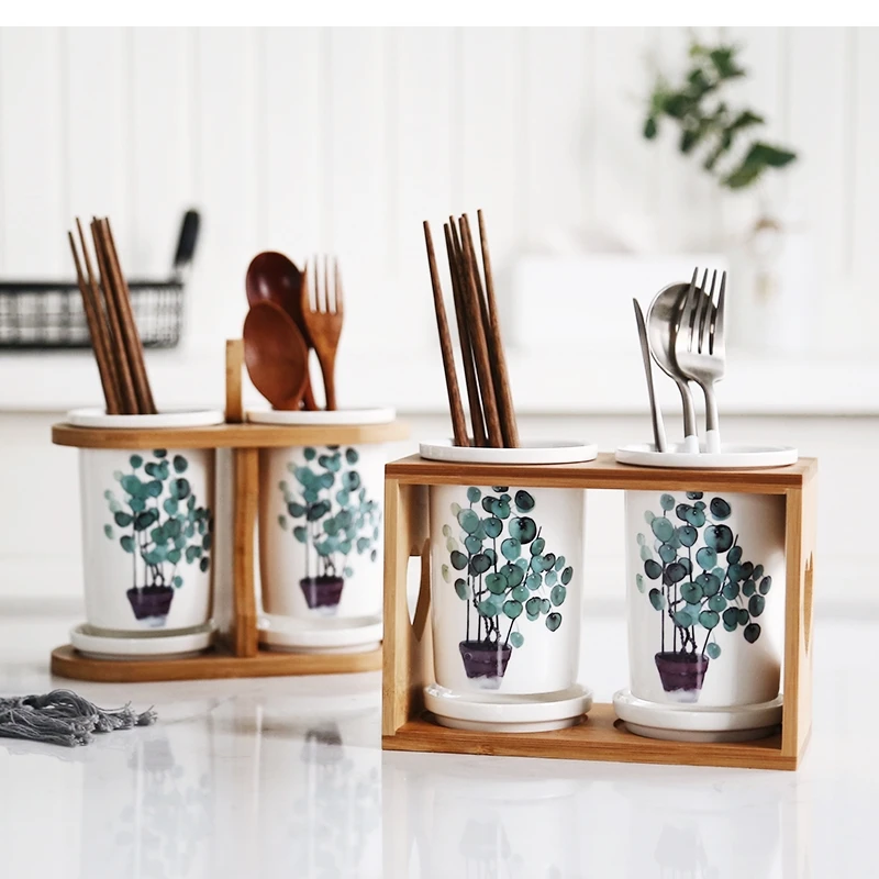 Nordic green plant home ceramic seasoning jar Chopsticks storage oil pot salt shaker combination set Restaurant kitchen supplies