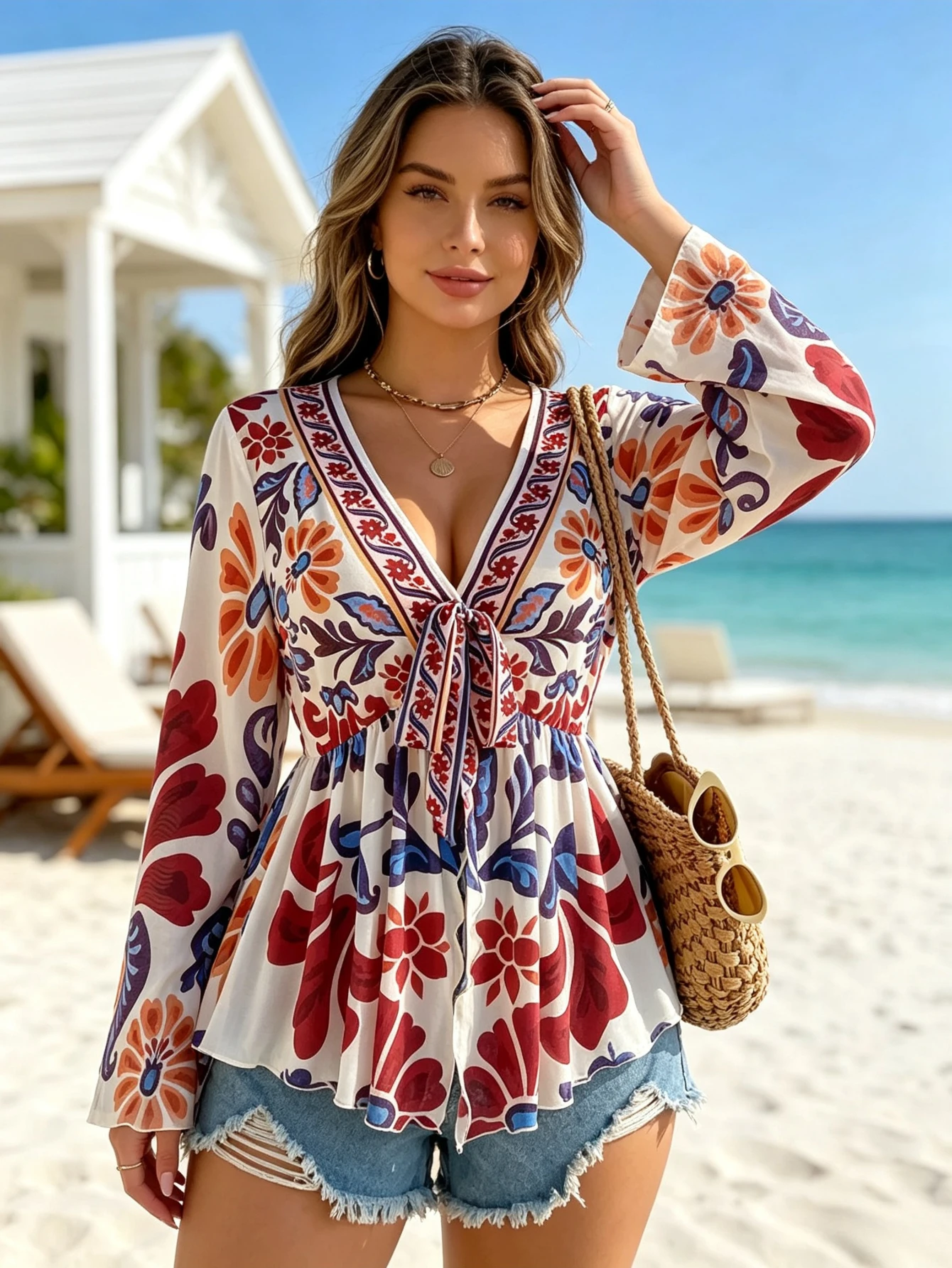 2026 Summer Sheer Mesh Beach Cover Up Women Plus Size New V Neck Flare Sleeve Semi-sheer Loose Fit Beach Top Vacation Coverup