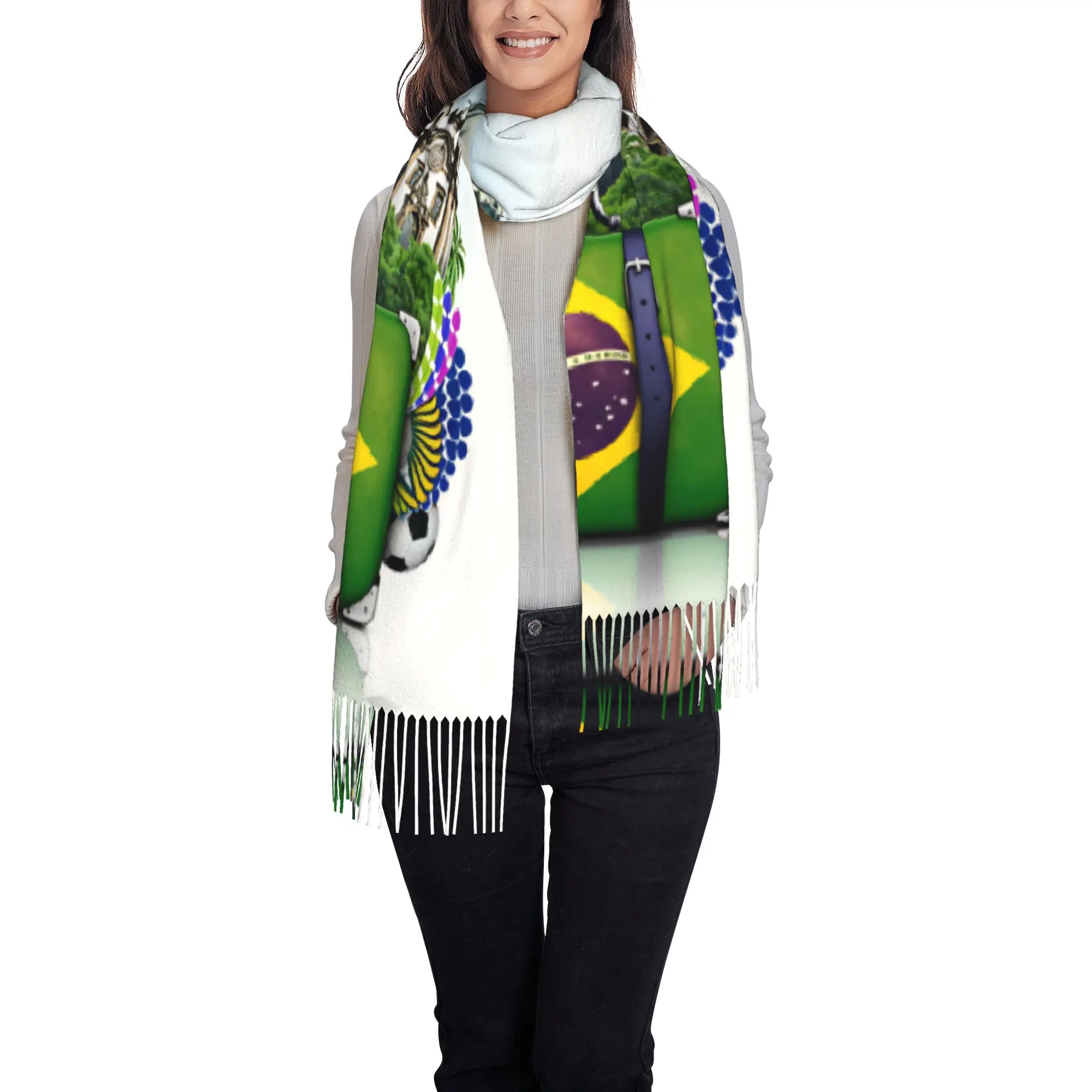 Custom Brazil Landmark Vintage Travel Suitcase Print Scarf Wrap Women Long Winter Fall Warm Tassel Shawl Unisex  Scarves