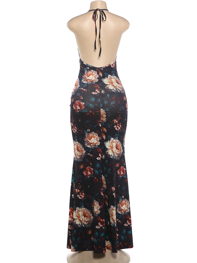 Weird Puss Sexy Rückenfreies Langes Kleid für Damen mit Blumenmuster, Schnürung, Neckholder, Tiefer Ausschnitt, Ärmellos, Mitternachts-Abendkleid, Elegantes Vestido – Detail 5
