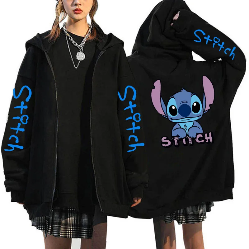 Oversized Y2k Zip-up Hoodie Disney Women\'s Lilo & Stitch Costume Winter Clothes Woman Long Sleeve Warm Jacket Zip-up Street Tops