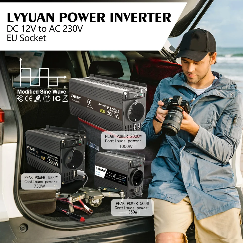 LVYUAN Car Inverter 500W-2600W Peak Power DC12V-AC220V 230V 50Hz EU Socket Voltage Transformer Inversor