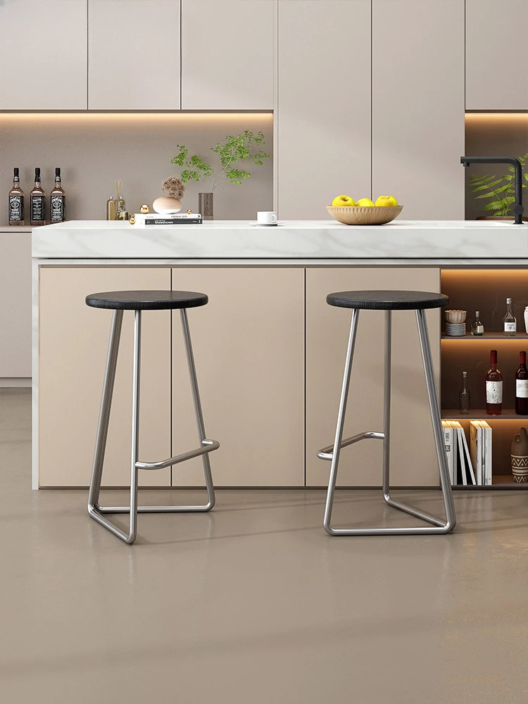 Household Bar Chair Tall Cafe Bar Stool Solid Wood Sitting Bar Wrought Iron Island Table Round Stool