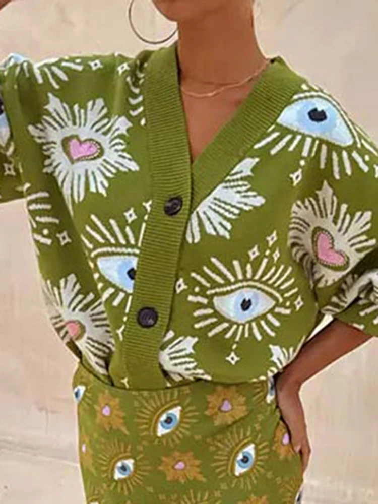 เสื้อคาร์ดิแกนถักคอวีสีตัดกันสไตล์วินเทจ แขนยาวพิมพ์ลาย เสื้อสเวตเตอร์ผู้หญิงทรงหลวม สไตล์ลำลอง เหมาะสำหรับใส่ไปทำงาน