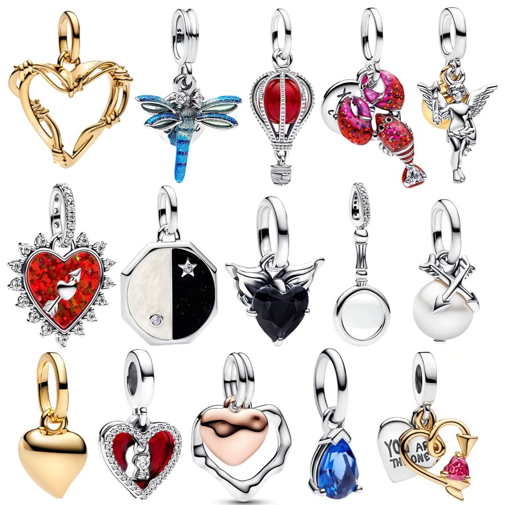 NEUES 925er-Versilberungs-Charm mit goldener Weinrebe, Schwarz-Weiß-Sonne- und Mondabzeichen, doppelte Herzen und rotem Hummer, passend für DIY-Armbänder