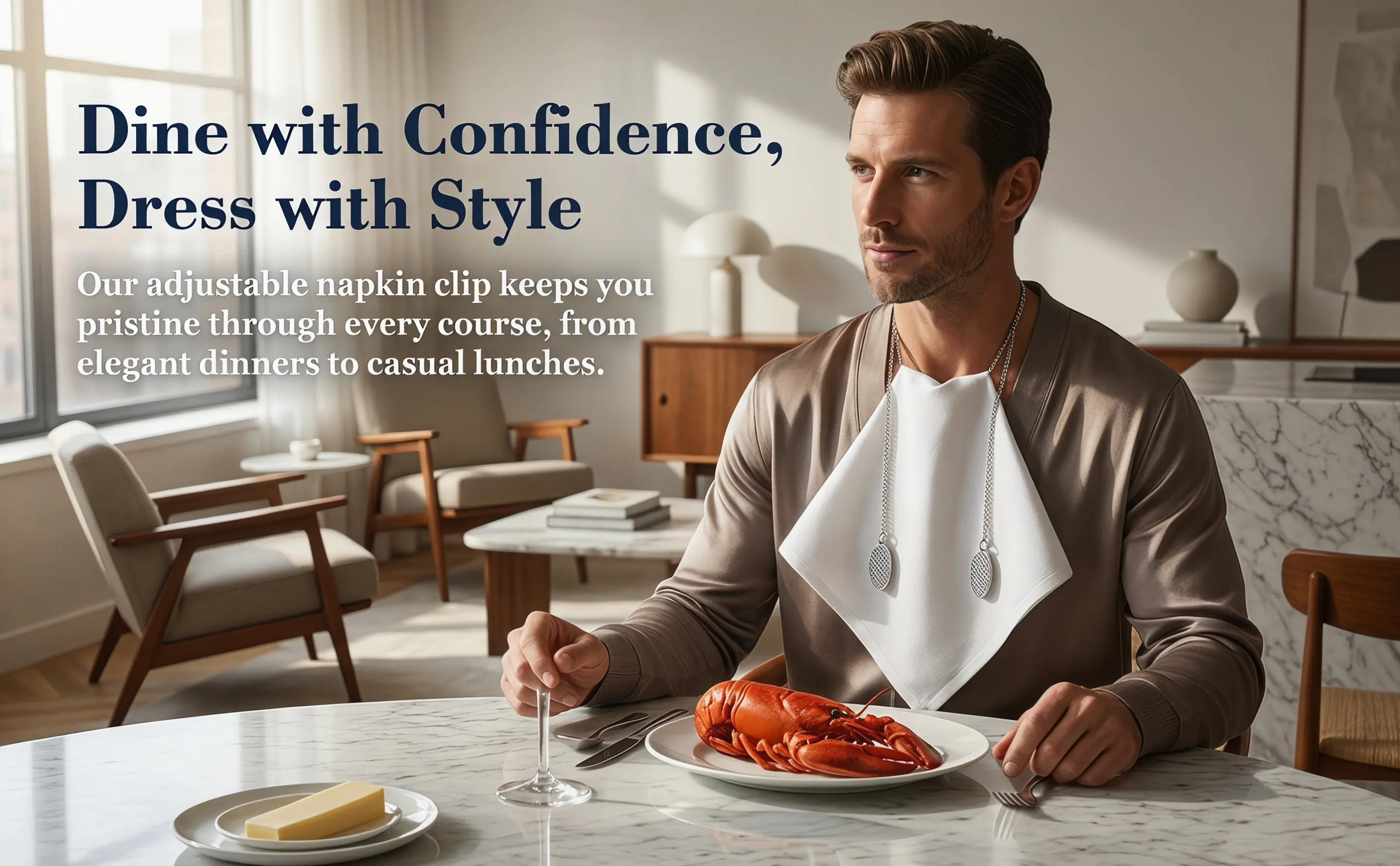 3Pcs Napkin Bib Clips with Chain Premium Alloy Spring-Loaded Lightweight Portable Napkin Holder for Lobster Crab Oysters Dining