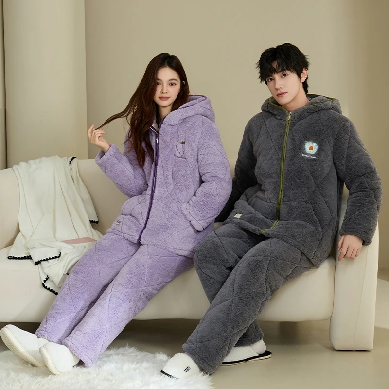 Newest winter 3 layer clip cotton pajama set couple casual pyjamas thick warm hooded home clothing