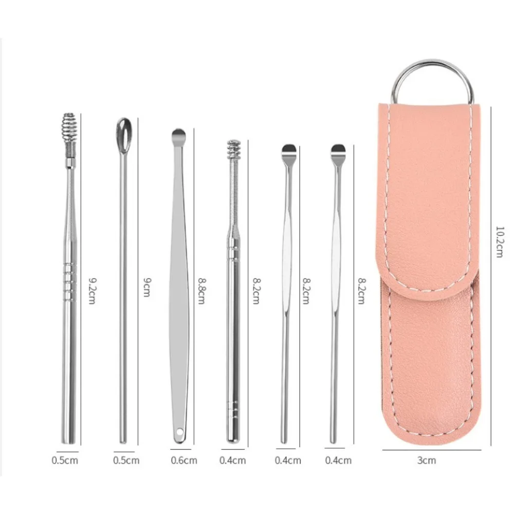 6Pcs Stainless Steel Ear Wax Remover Tool Set Ear Pick Spoon Curette Portable Leather Pouch Home Ear Cleaning Health Care Kit