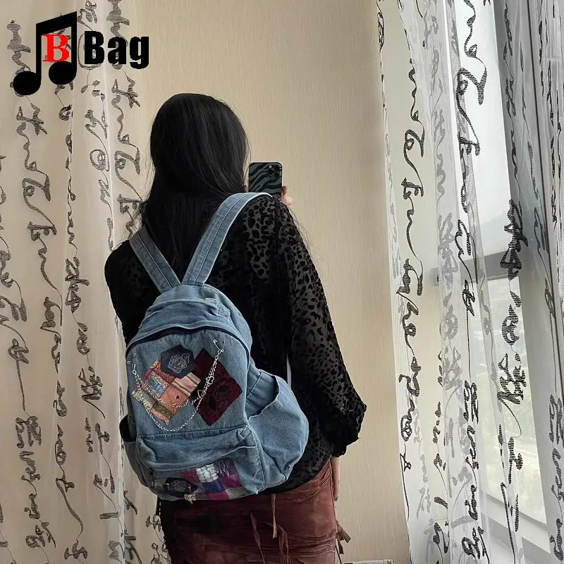 Y2K Gothic women's Girls Punk Handbags Harajuku Denim Splicing irregolare Rose Chain College Style zaino di grande capacità Totes