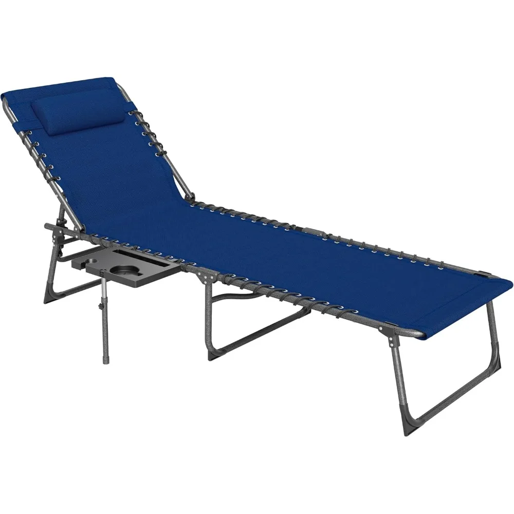 

Folding Chaise Lounge Chair Outdoor Tanning Chair with Side Table, 5-Level Adjustable Beach Lounge Chair with Headrest, Side Po