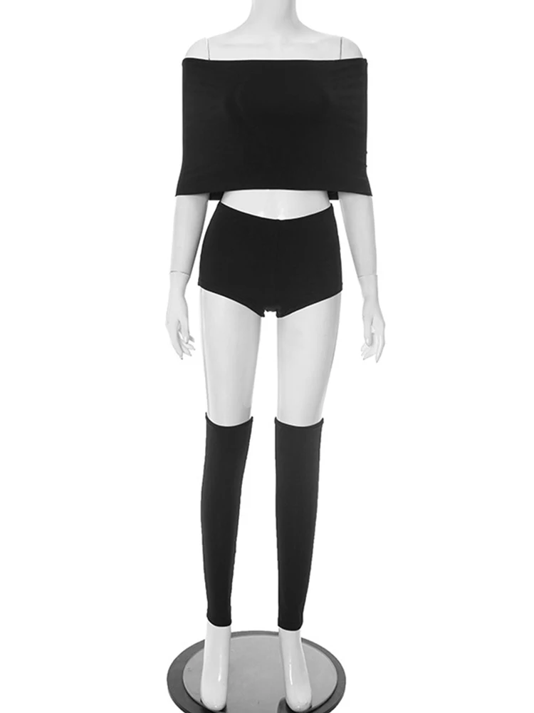 Conjunto Sexy de tres piezas para mujer, pantalones cortos, Top corto con hombros descubiertos, pantalones cortos ajustados y calcetines hasta la pantorrilla, trajes, chándal, ropa para discoteca, verano 2025