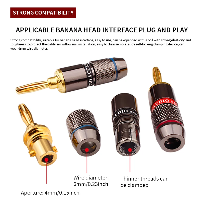 YYTCG 8pcs Gold Plated Banana Plugs Speaker Connector Adapter No Welding Audio Wire Connectors for Home Theater And Car Audio