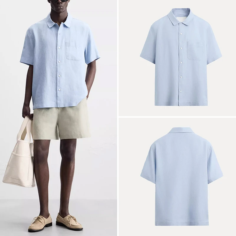 

Loose Fit Linen ort Sve irt Turn-down Collar Busin Casual Sle Regular Length Single Button Closure Pure Color