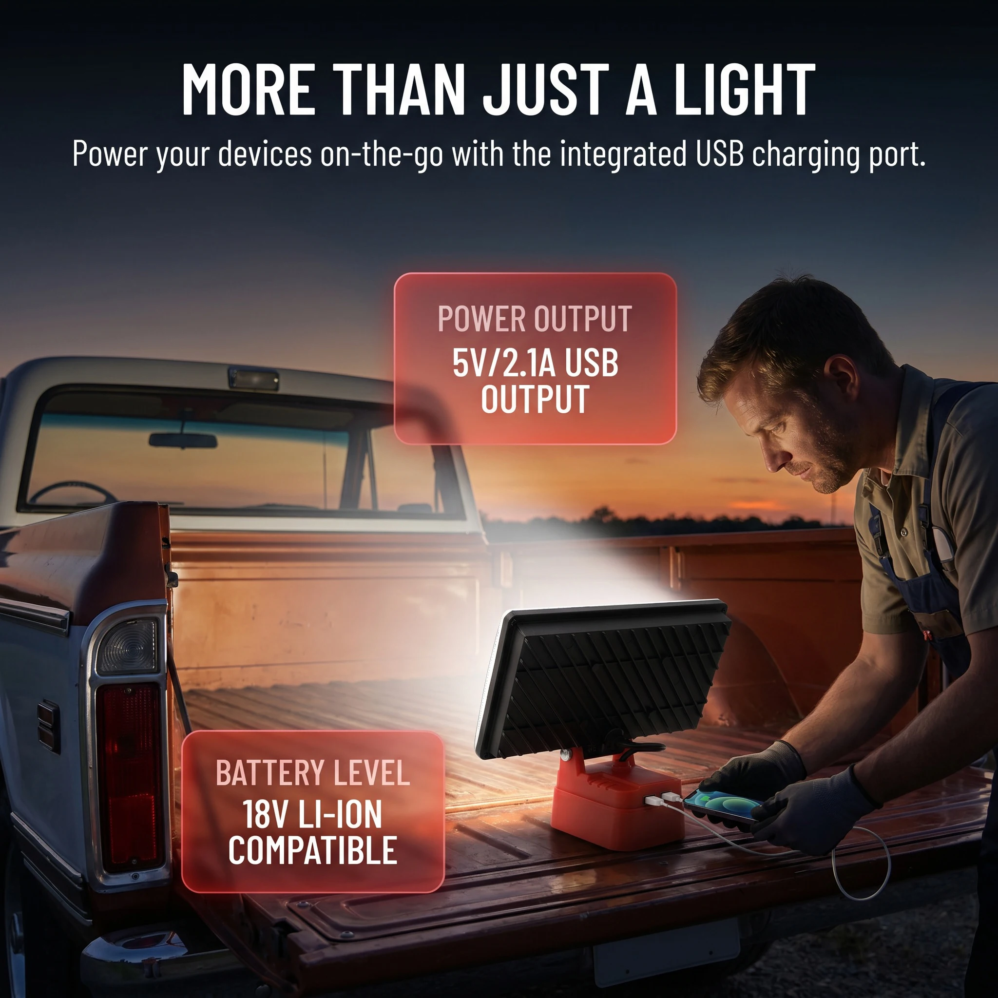 Kabellose LED-Flutlicht-Arbeitsleuchte für Milwaukee M18 Li-Ionen-Akku 9000LM Doppel-USB 2 Modi Camping-Notlicht Ohne Akku – Detail 8