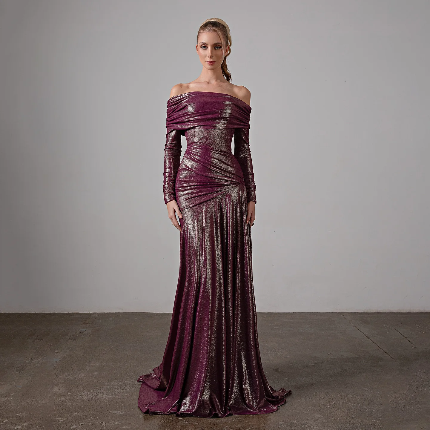 

Sharon Said Purple Off Shoulder Mermaid Evening Dress with Long Sleeves for Women Wedding Party Formal Gown SF592 Customized