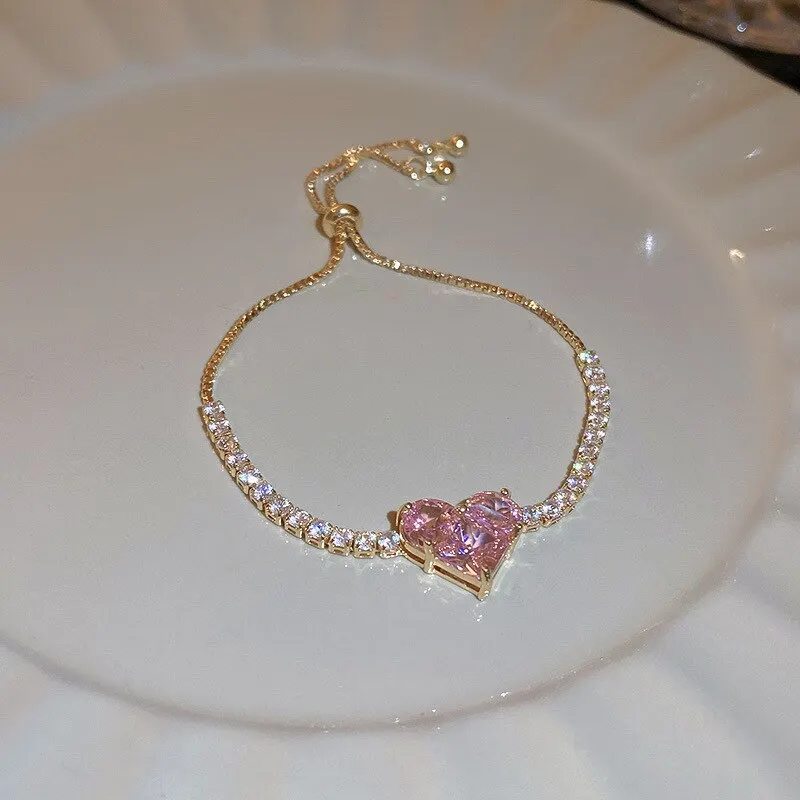 Inlaid Square Zircon Rhinestone Chain Bracelet For Women White Pink Love Heart Bracelets Bangles Wristband Jewelry Gift For Girl image 5