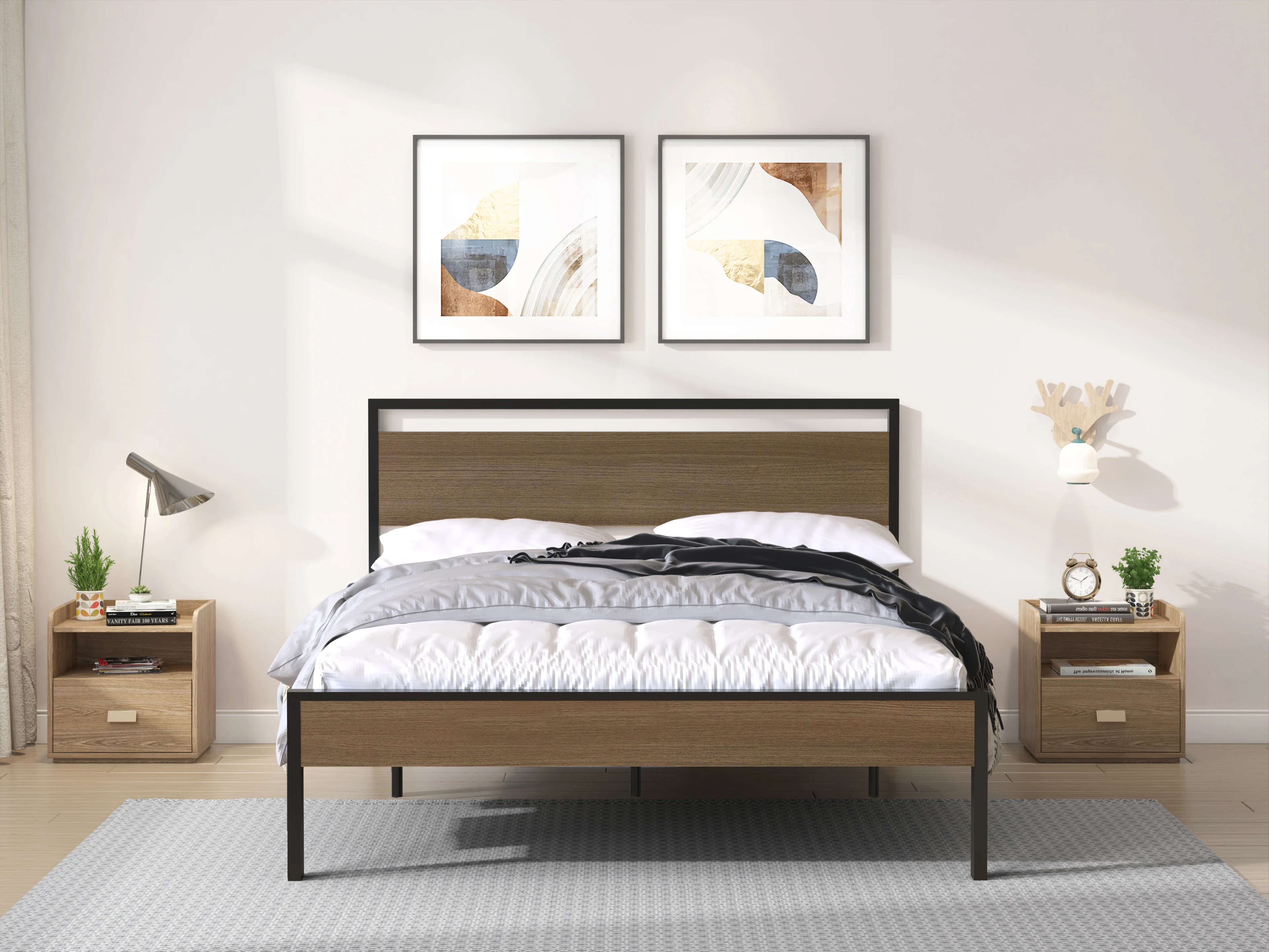 

Queen Metal Bed, Black with Cinnamon Wood Headboard and Footboard 83.10x61.60x40.10 in.