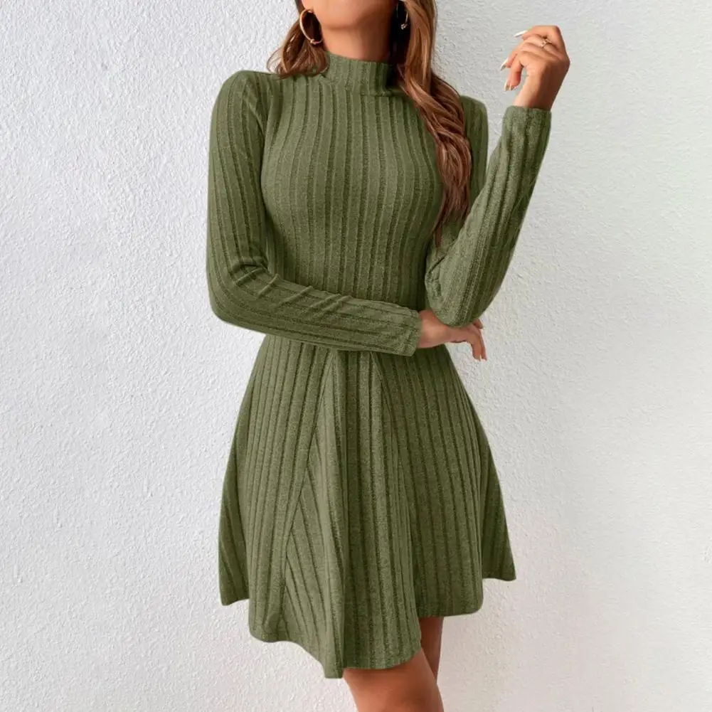 

Autumn Winter Knitting Dress Half High Collar Long Sleeve Mini Dress Slim Fit Loose Hem Ribbed Knitted Dress