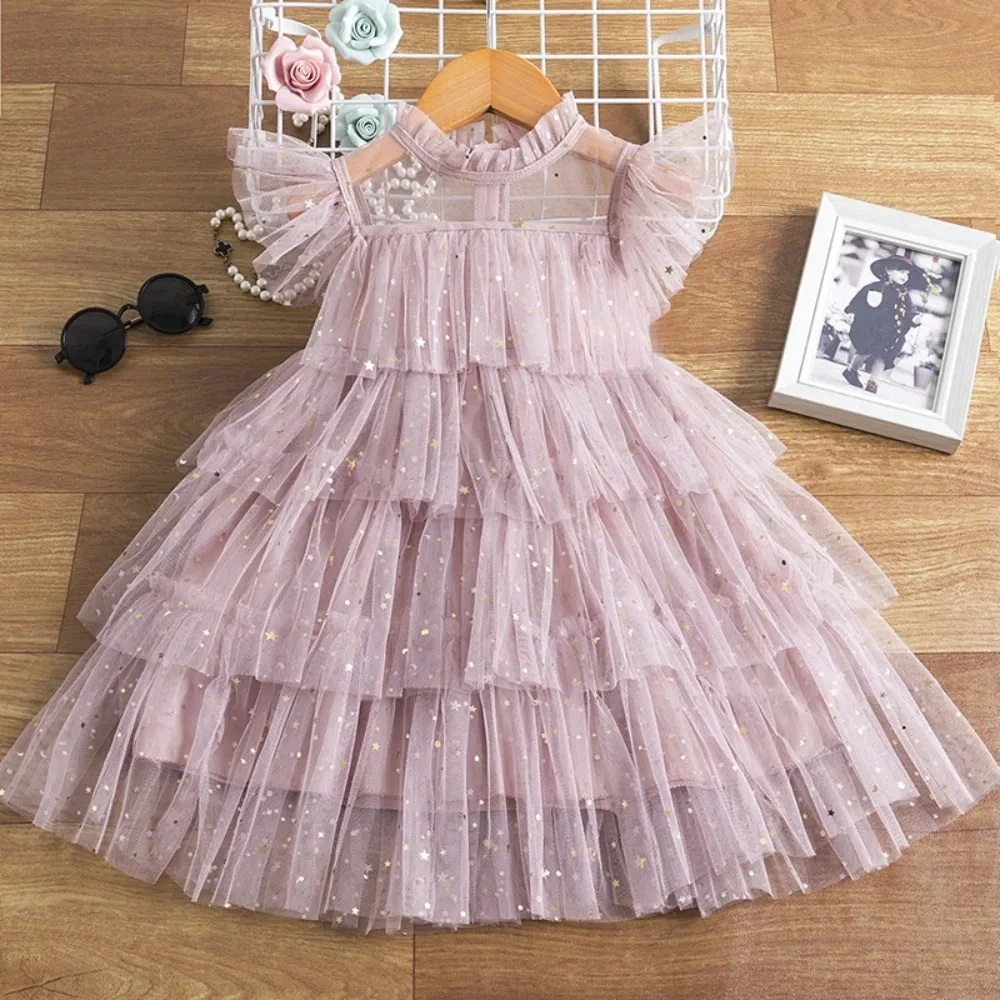 Girls Clothing Fashion Party Children's Dress 3 To 7 Years Old Solid Color Sweet and Cute Sequin Mesh Princess Dresses Birthday