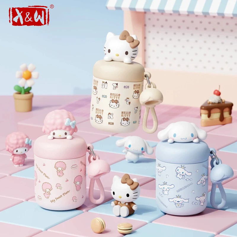 X&W Sanrio 380ml Insulated Cup Cartoon Hello Kitty Vacuum Flask Dual‑drink Straw Water Bottle Portable Cold Hot Thermal Mug Gift