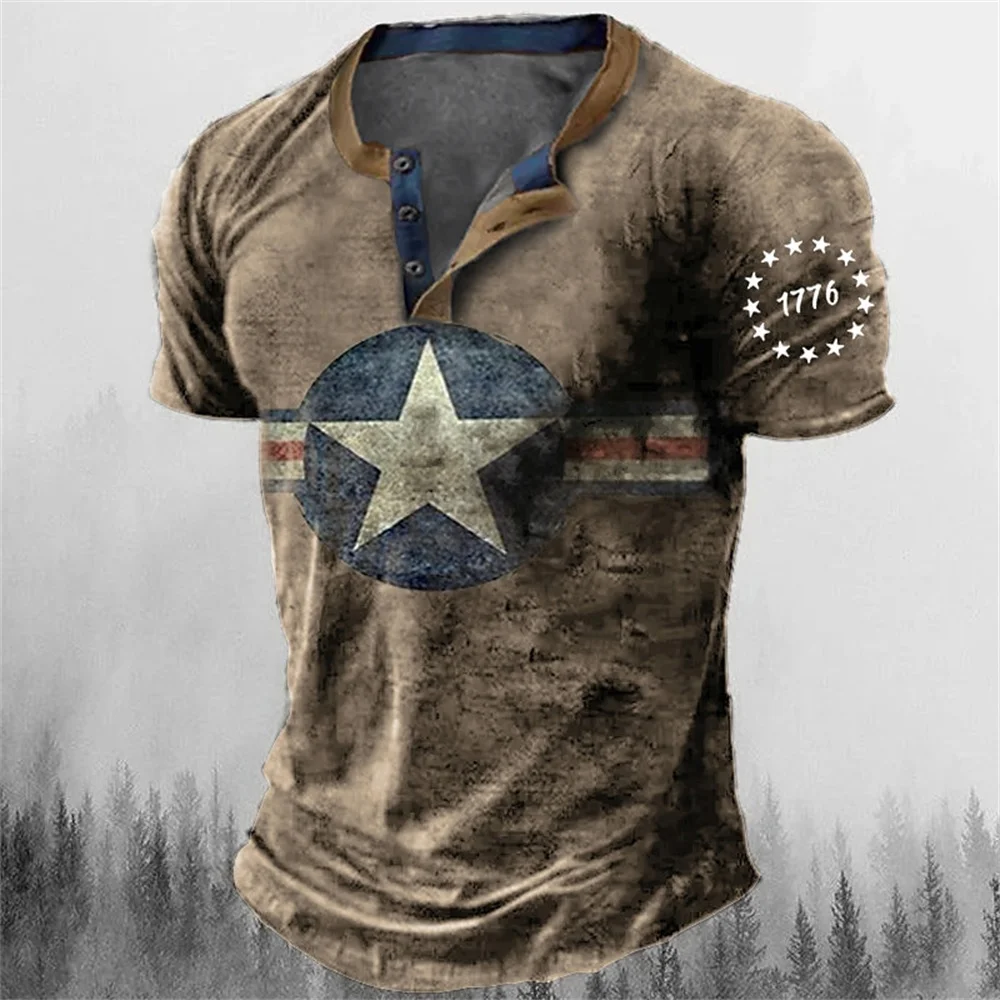 

Retro Button V-neck Navigation Short-sleeved Gothic Henry Shirt For Men, Extra-large Size, Amber Color, Men's Streetwear.