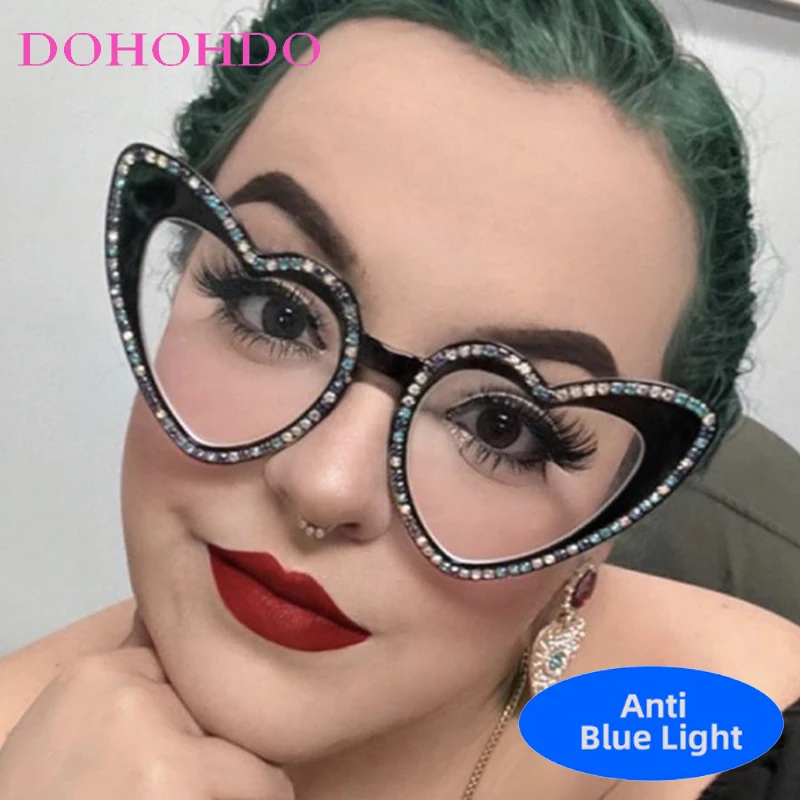 

Fashion Trendy Designer Heart Shape Imitation Diamond Glasses Men Women Luxury Anti-Blue Light Eyeglasses For Office Work Lentes