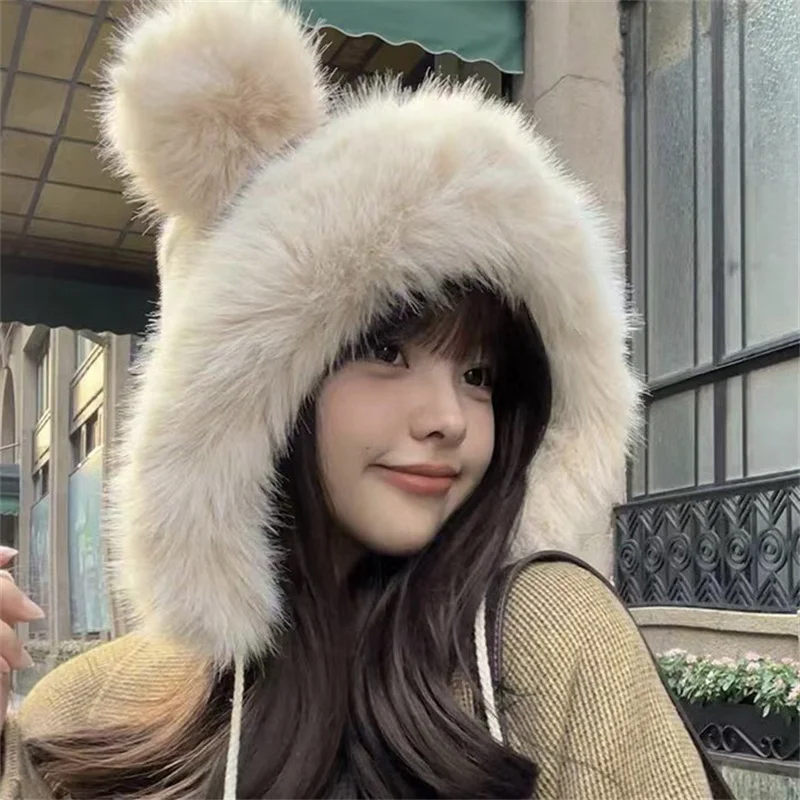 Cute Bear Ear Plush Hats For Women Girls Fluffy Thicken Imitation Mink Hair Ear Protection Bomber Hats Outdoor Warmer Caps