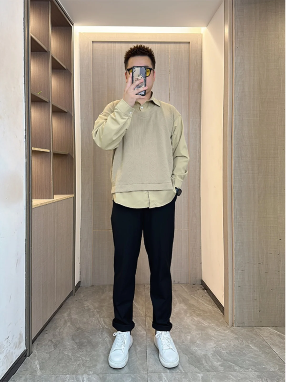 

Осень-зима, большие размеры 300, гонконгский Sle, ретро-фальшивый свитшот из двух предметов, мужская модная свободная длинная све irt