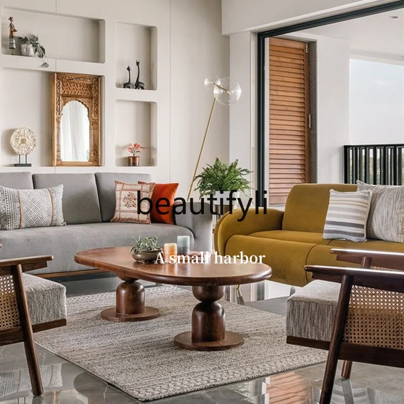 Wabi-sabi wind living room household small apartment  artistic creativity high sense modern simple solid wood oval coffee table
