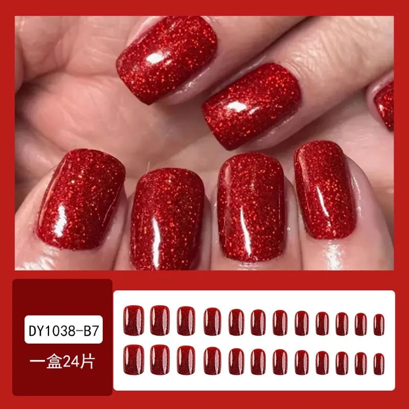 24 Pcs Fake Press on Nails with Glue Red Nail Tip Korea Christmas False Nails for Beautiful Gluing Prosthetic Nail Set Holiday