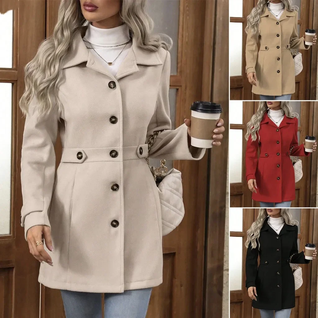 

2025 Autumn Winter New Mid-Length Elegant Woolen Coat Button Stand Collar Slim Fit Tweed Durable Fashionable Outerwear