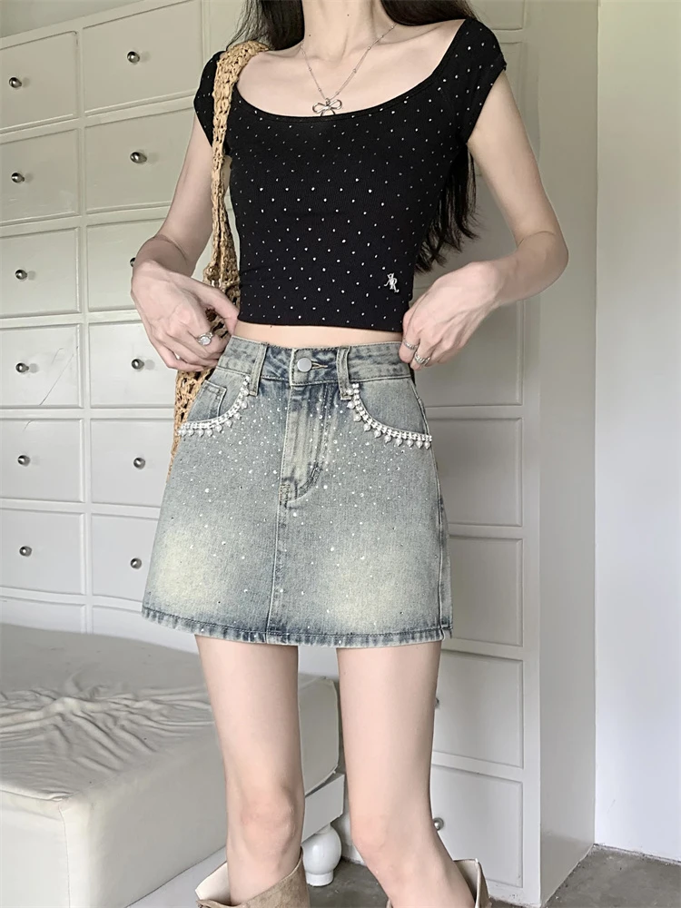 Saia de Denim Pesadamente Decorada para Mulheres, Cintura Alta, Corte em A, Saia Casual com Diamantes, Ajuste Casual para o Verão 2025