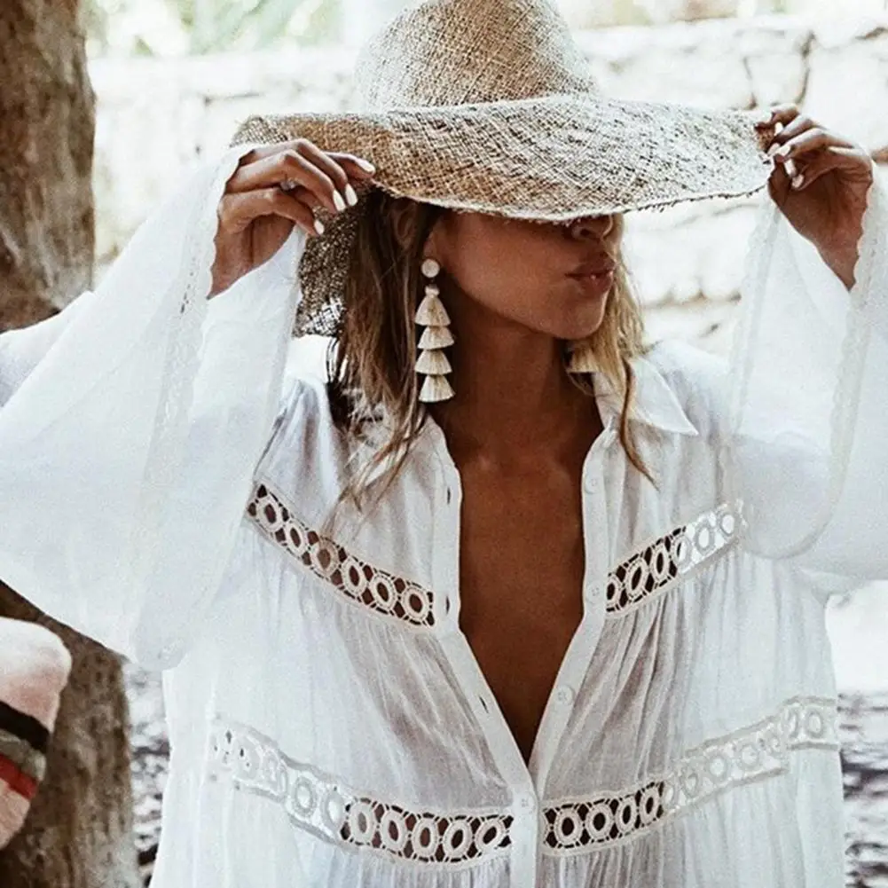 Bikini Cover Up Shirt Damen Mittellanges Hemd Revers Ausgestelltes Langarm Einreiher Badeanzug Mantel Ausgehöhlt