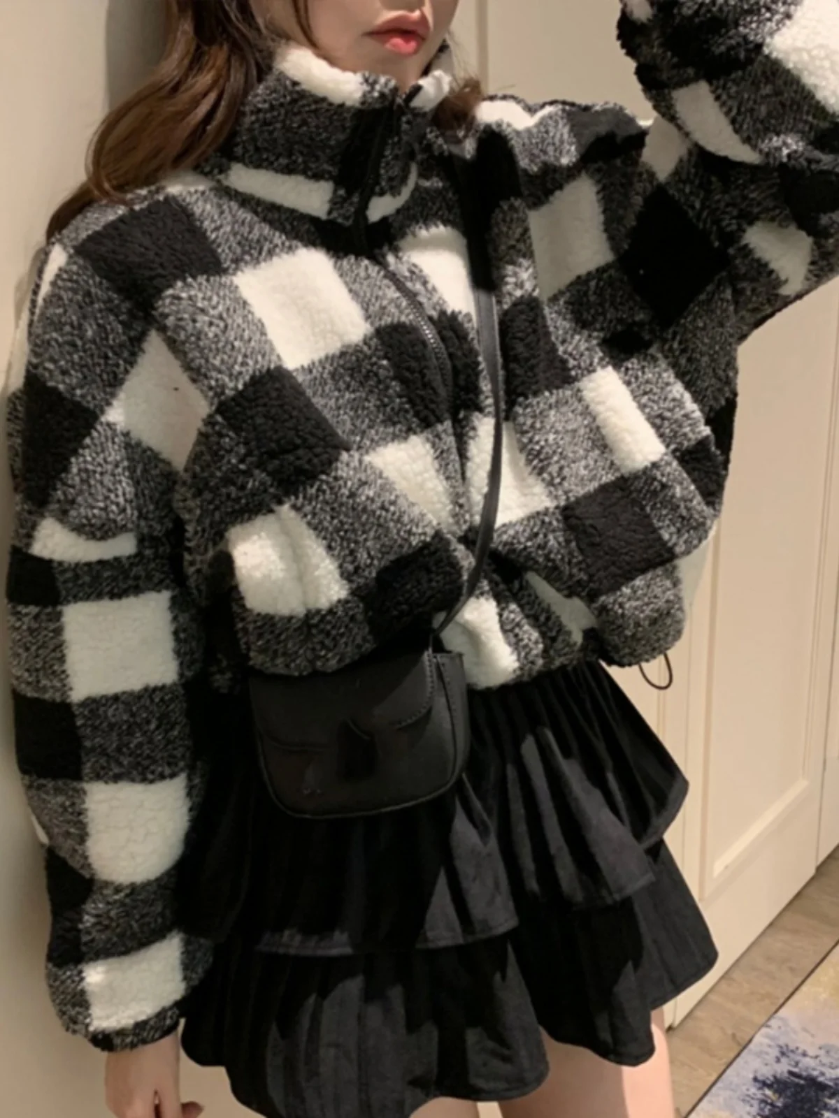 Retro Plaid Lammfell Jaet Damen Faionable Fluffy Zipper ort Oberbekleidung Trendiger Wintermantel Ladylike Loose Fit Baumwolle