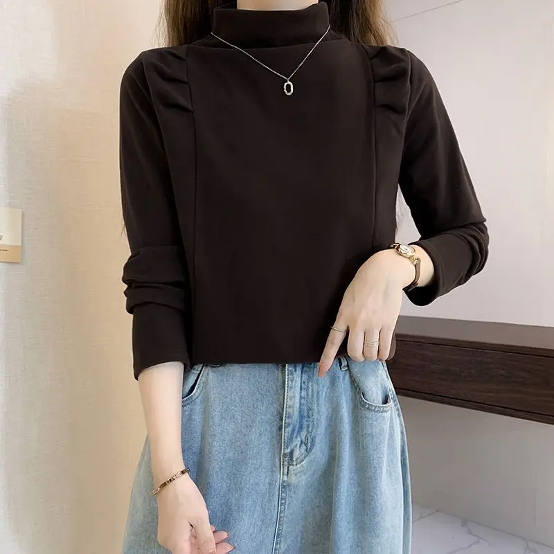 

Autumn Winter New Solid Color Fashion High Collar T-Shirts Women High Street Casual Pleated Warm Pullovers Elegant All-match Top