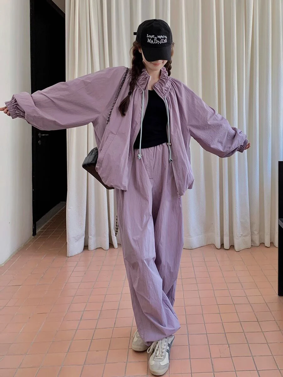 

plus Size Casual Sun Protection Set Women's Thin Summer Loose Zipper Jacket Long Pants Two Piece Set Harbor Style Fashion