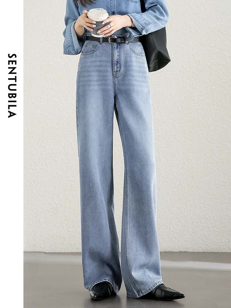 

SENTUBILA Lyocell Straight Jeans for Women 2025 Autumn Retro Leather Logo YKK Zipper Washed Softener Denim Pant W43K56278