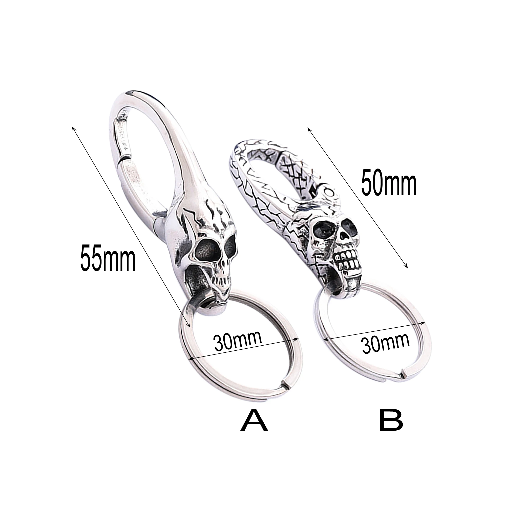 Gothic hippop stainless steel spring snap oval scary pirate skull head hook FOB keychain EDC DIY Halloween gift
