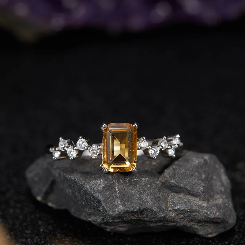 Dawn's Jewel S925 Entire Sterling Silver Natural Citrine Colored Gems Ring Women's Fashion Rectangular Cube Sugar Design