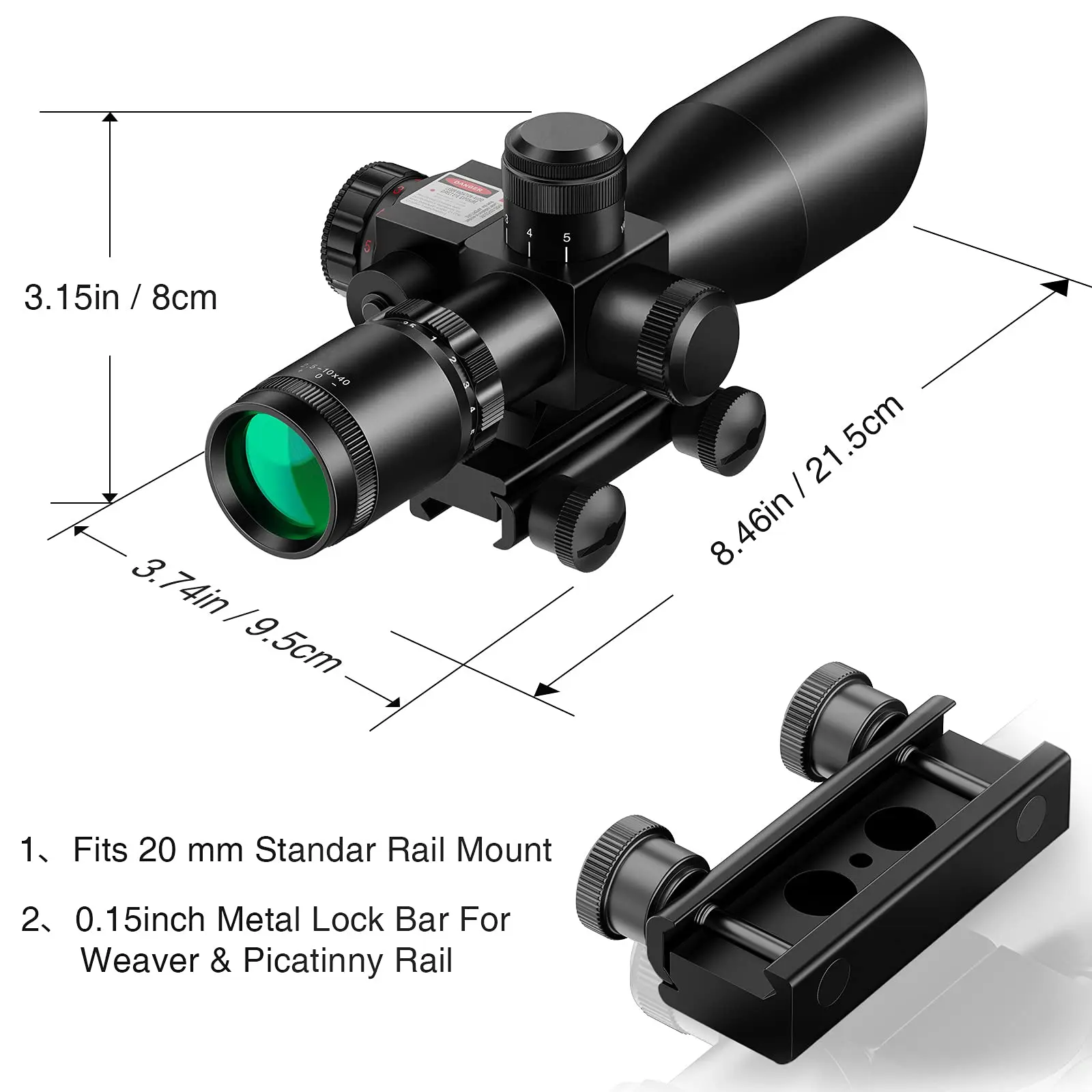 Imagem -03 - Tactical Âmbito Laser Vermelho Rifle Sight Mil-dot Combo Iluminado Lente Verde 20 mm Montagens Caça 2.510x40 Midten