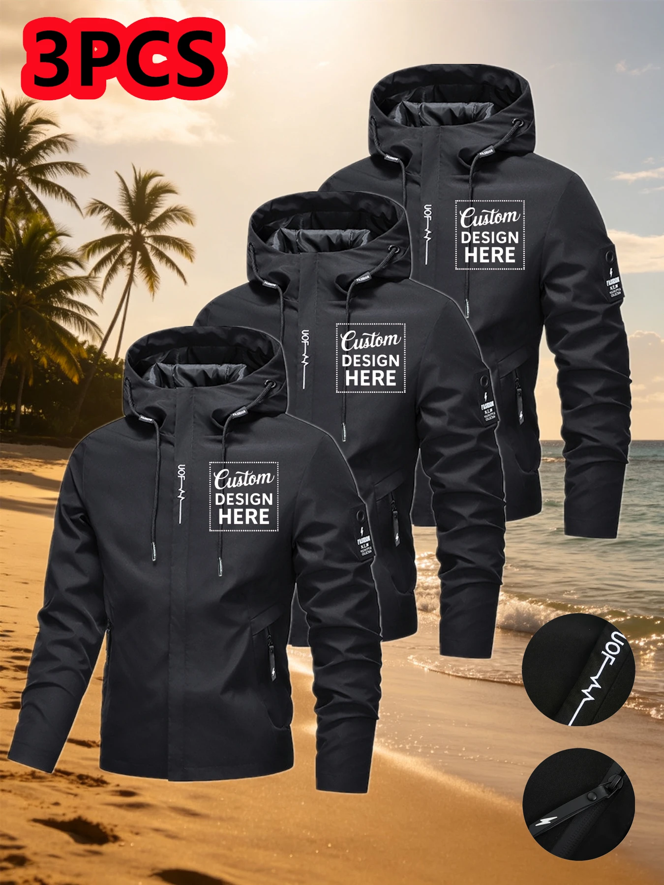 The factory directly ships 3-piece DIY custom-made jacket with drawstring zipper and hood for outdoor windproof wear. It feature