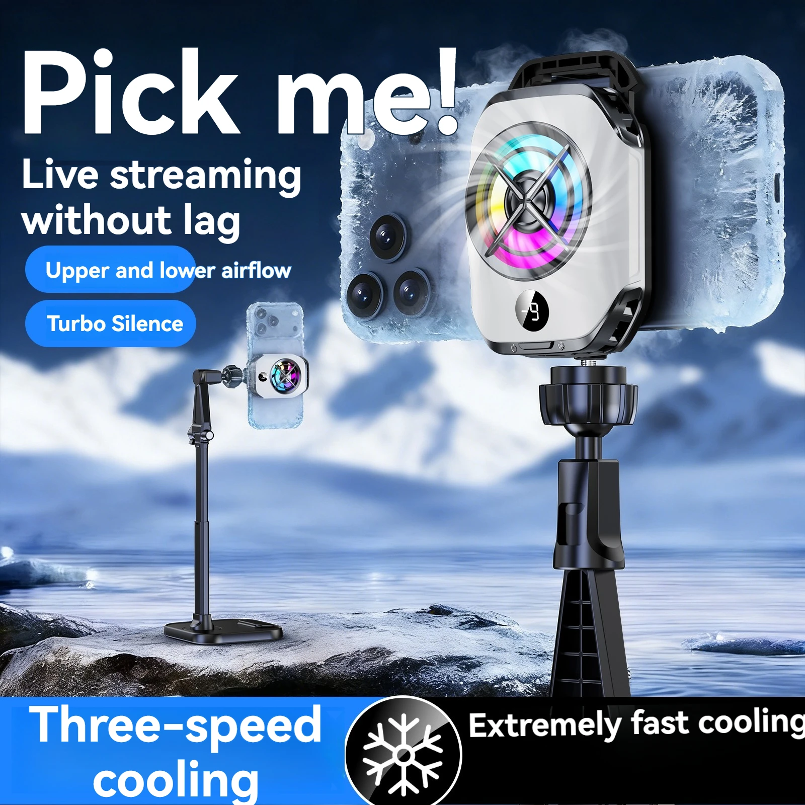 K55 Semiconductor Phone Cooler - Powerful Freezing Cooling, Digital Display, Fixable on Stand for Gaming Smartphones